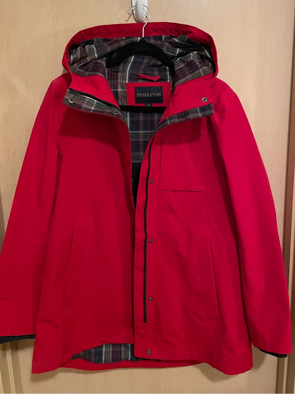 Pendleton Women’s Bright Red Hooded Raincoat with Plaid Lining